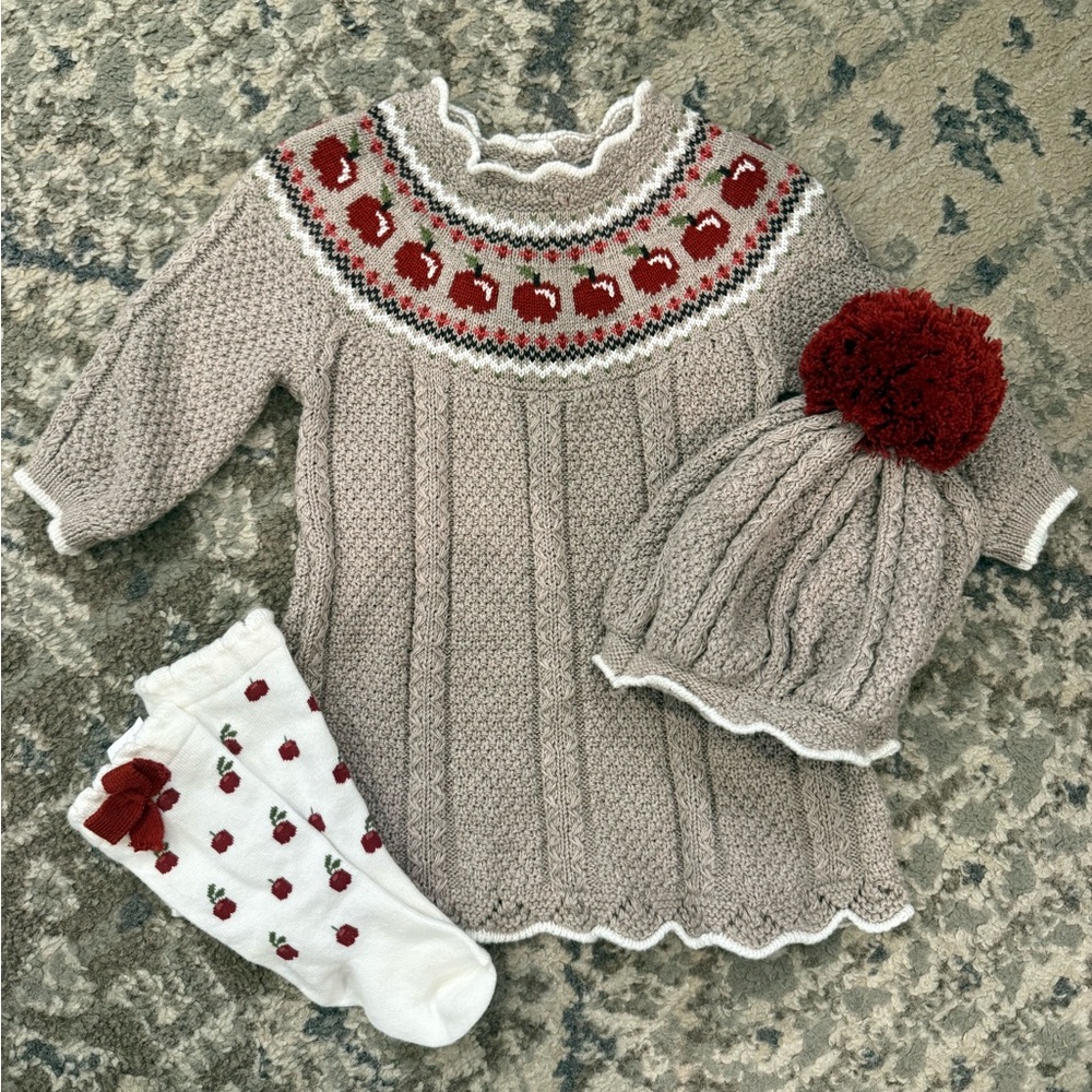 Tahari Taupe Knit Baby Dress with Red Apple Pattern